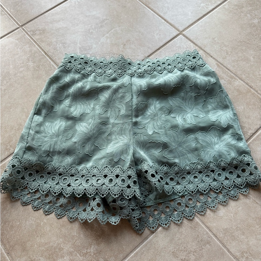 Blue Rain Lace Trim Shorts in Sage